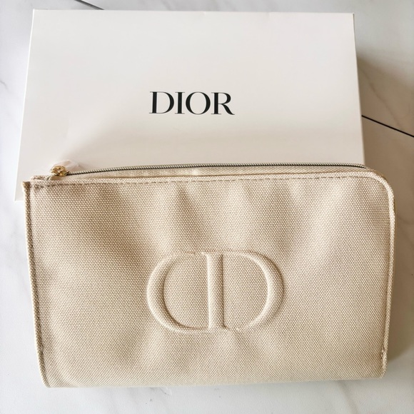 DIOR Beige Cosmetic Pouch Clutch Makeup Bag Case Embossed Logo New - Picture 5 of 17